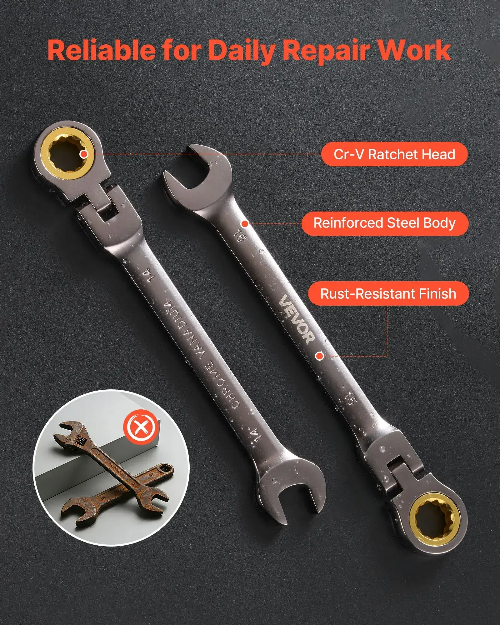 12-Piece Multifunctional Flex-Head Ratcheting Wrench Set, Metric 8 mm-19 mm, 72 Teeth Cr-V Steel Flexible Combination Wrench Set, Car & Automotive Tools with Roll Up Pouch, for Household & Automotive Repairs, Multifunctional Wrench Set