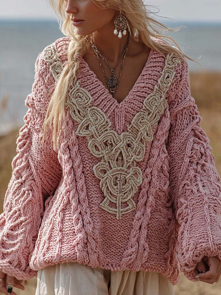Vintage Celtic Knot V Neck Cozy Cable Chunky Knit Sweater