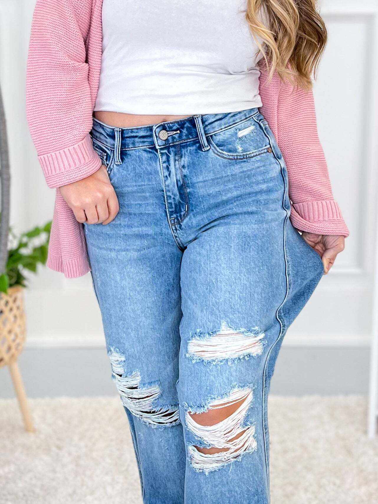 Happy Days - Christmas Rigid Magic 90's Destroyed Straight Jeans- Final Sale