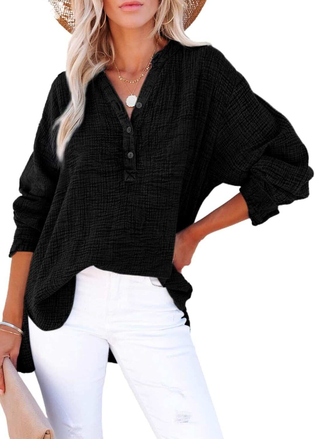 🔥10-Pack Womens Casual Gauze Button Neck Long Sleeve Oversized BlousesTops
