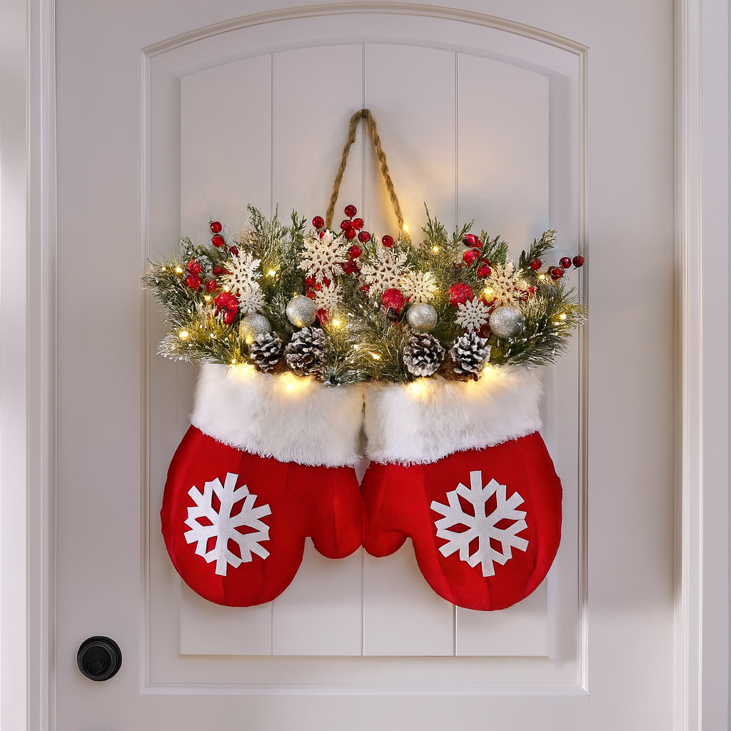 🔥Last Day 50% OFF🔥Twinkling Christmas Mitten Wreath with 120 LED Lights & 10H Auto Timer