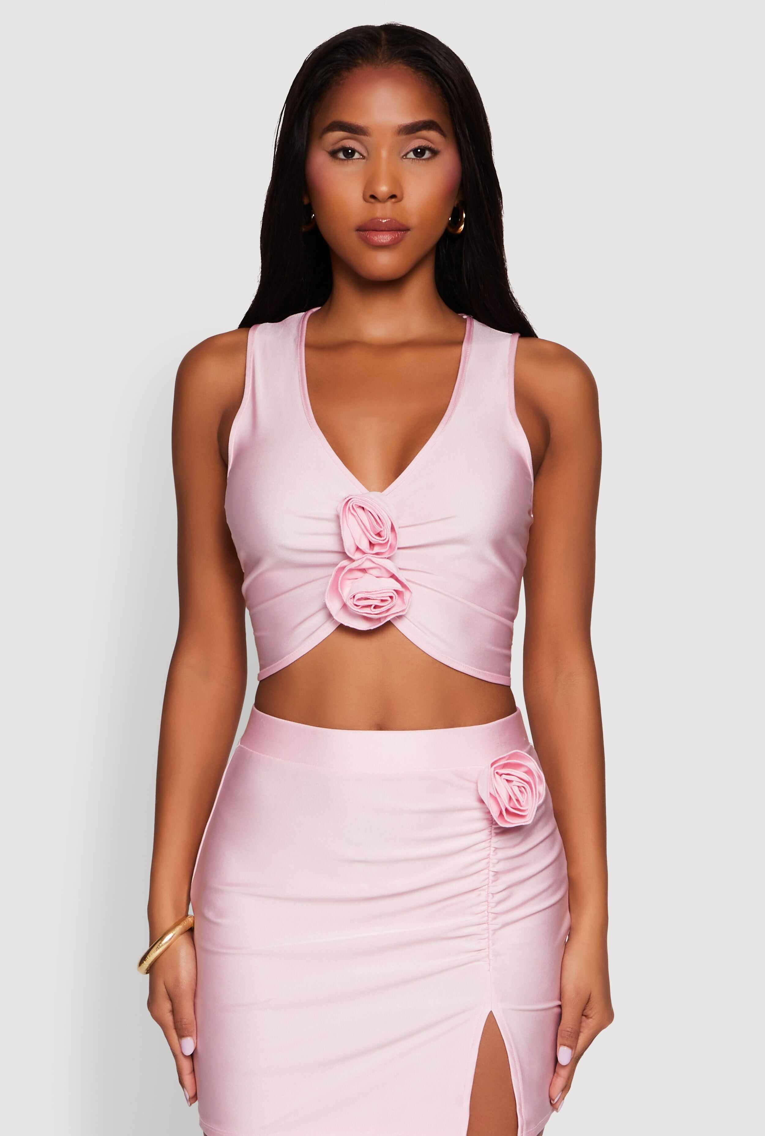 Trendy Rose Applique Sleeveless V-Neck Ruched Crop Top