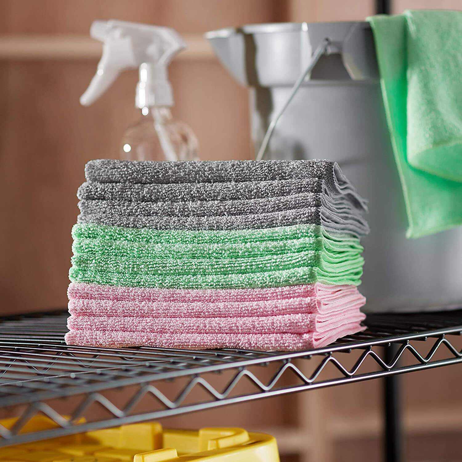 Basics Microfiber Cleaning Cloth, Non-Abrasive, Reusable and Washable, Pack of 48, Green/Gray/Pink, 16
