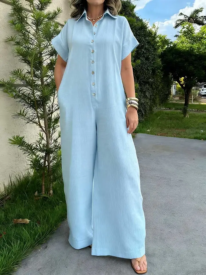 🔥Summer Arrivals🌟Women's Solid Color Shirt Collar Short-sleeved High-waisted Casual Loose Cotton And Linen Wide-leg Jumpsuit