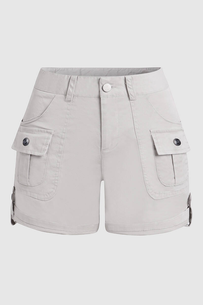 Flap Pocket Roll Tab Hem Mid Waist Shorts
