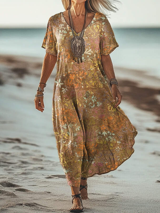 Women's Art Floral Hippie Vintage Print V Neck Dress
