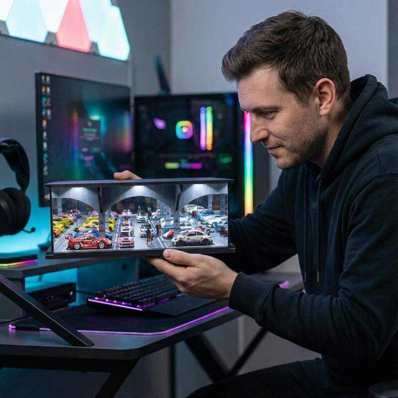 1:64 Scale Premium Parking Garage Diorama Display Case with LED Lighting – High-Transparency Dust-Proof Showcase for Diecast Cars