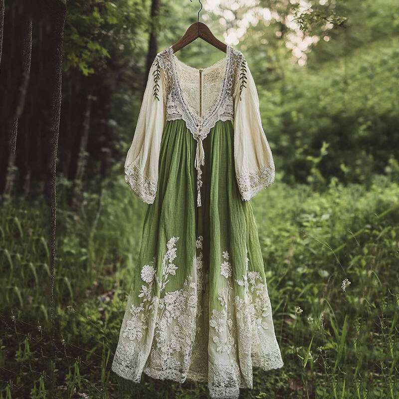 Vintage Floral Embroidered Pattern Linen Contrast Color Maxi Dress