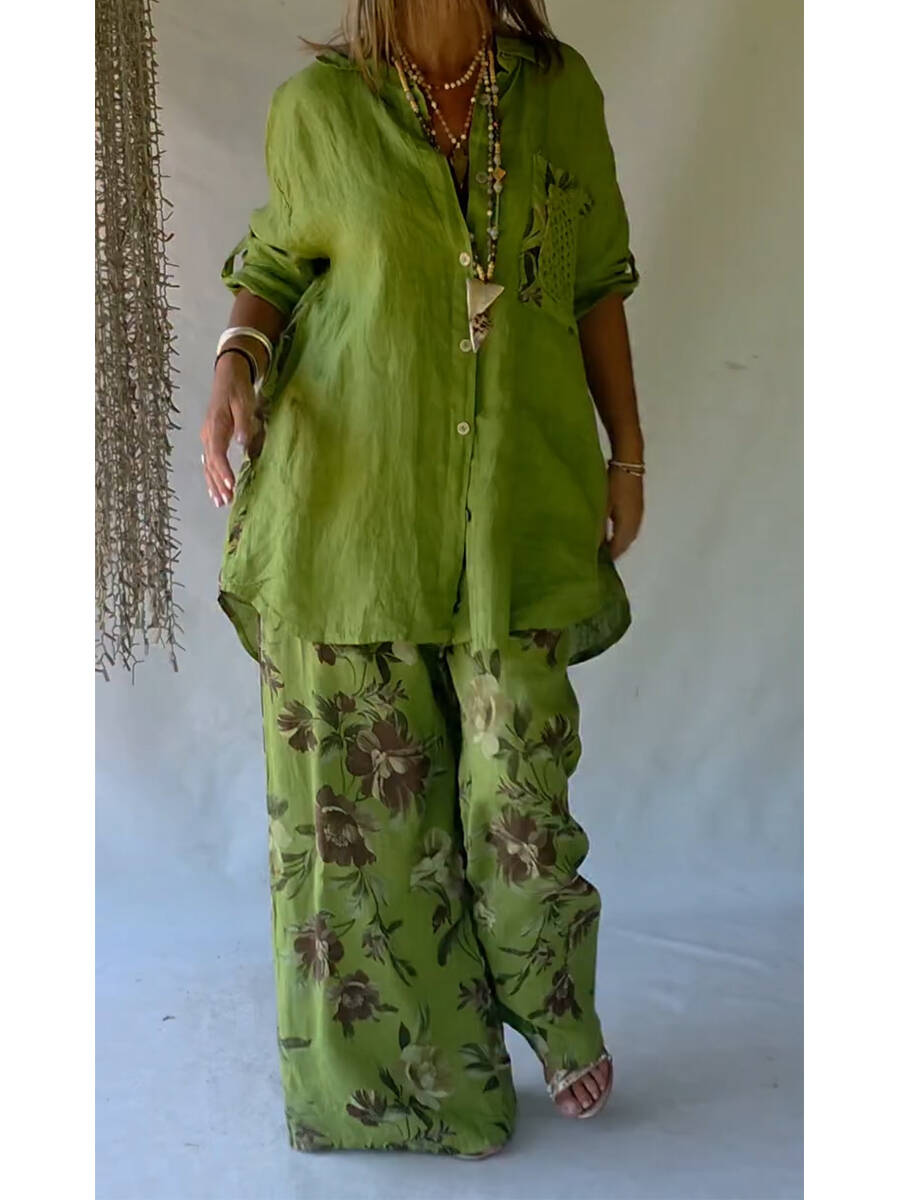 🔥Summer Arrivals🌟Casual Floral Print Linen And Cotton Shirt And Trousers Two-piece Set