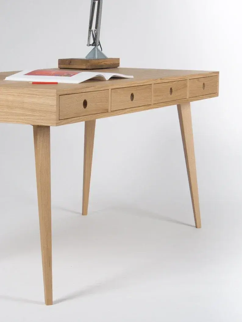 Home office desk, large computer table, oak wood, bureau with drawers, customized size and finish;Send 2 stool(pictured)