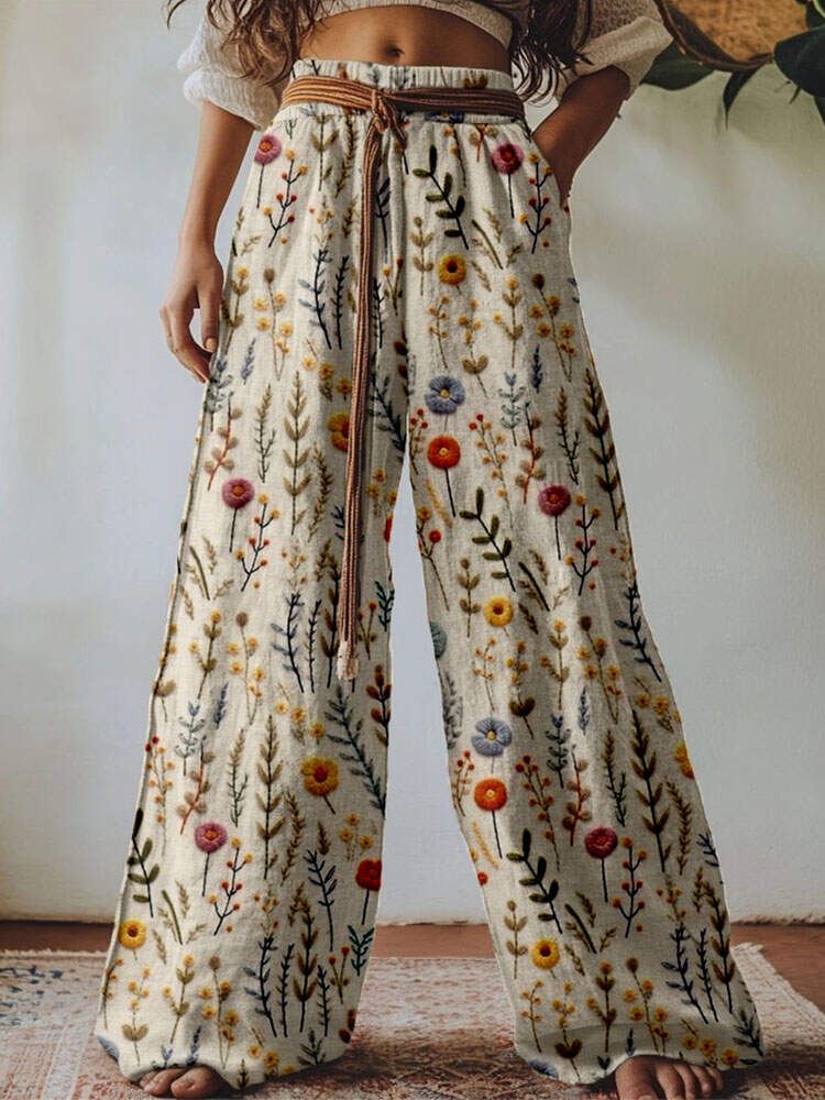 Vintage Boho Flowers Embroidered Linen Blend Casual Pants