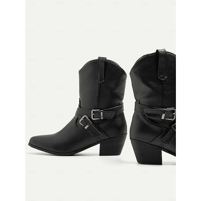 Women's Black Western Ankle Cowboy Boots with Buckle Details for Fashion and Casual Wear