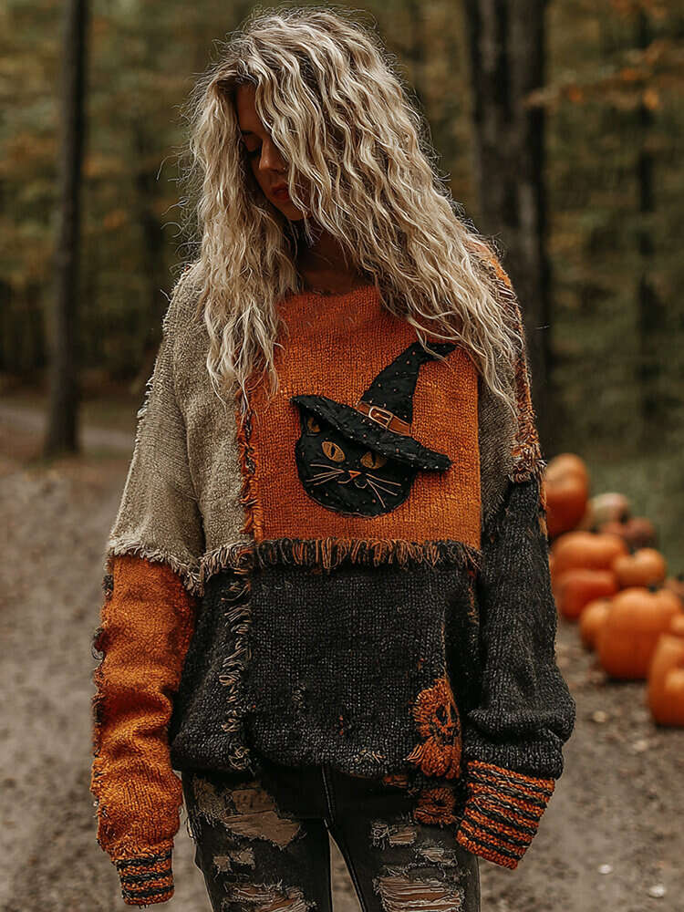 Halloween Pumpkin Witch Cat Face Art Cozy Knit Sweater