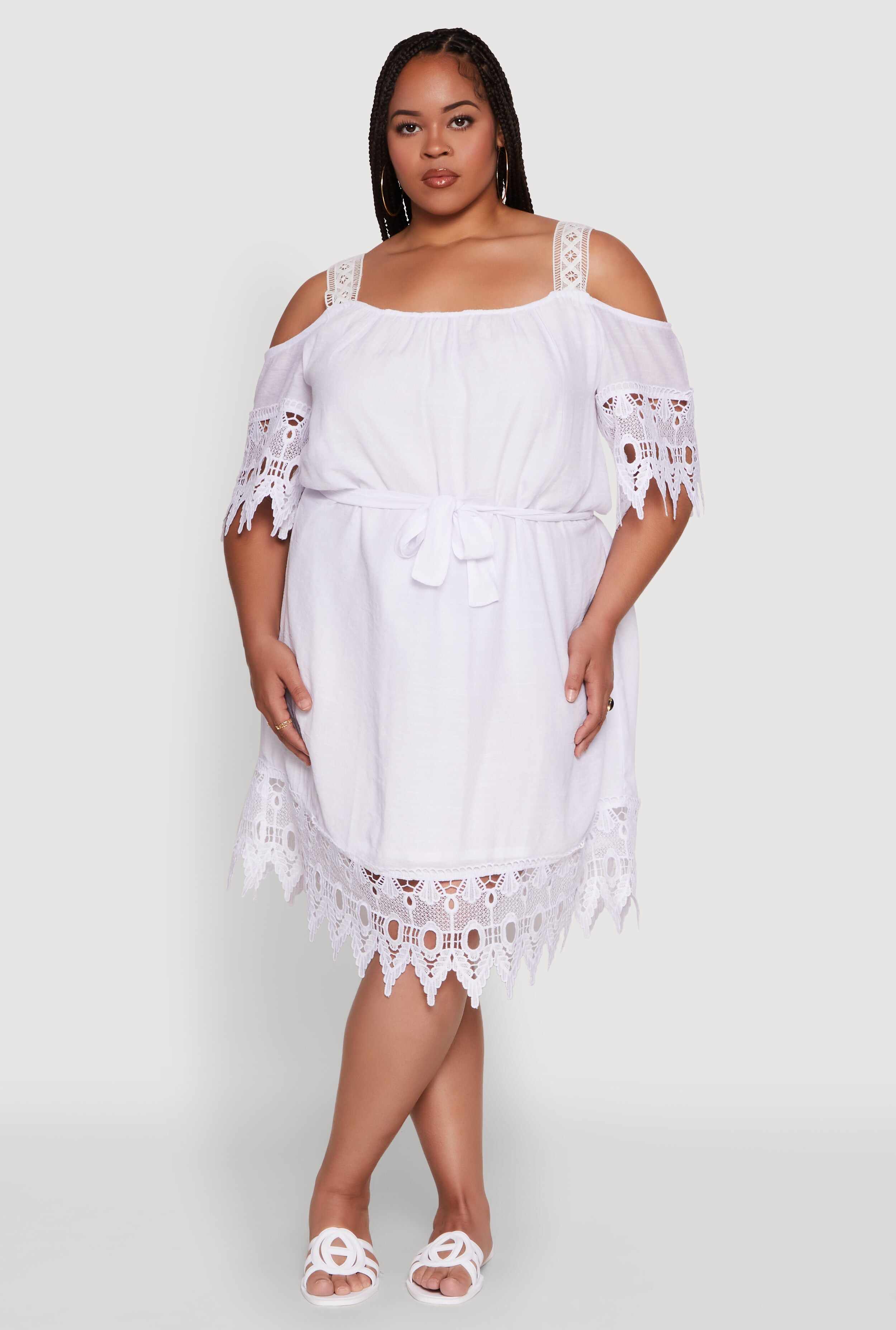 Plus Size Chic Crochet Detail Gauze Knit Cold Shoulder Dress