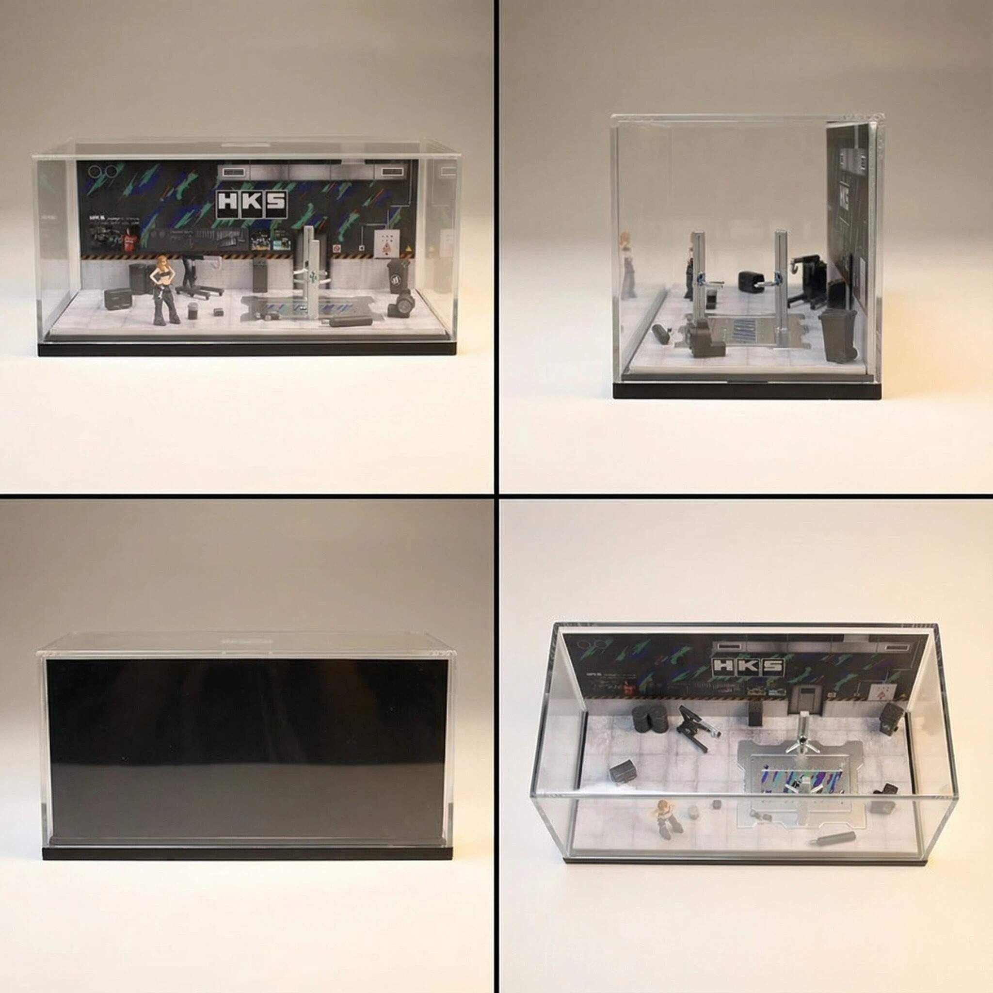 1:64 Scale Performance Tuning Garage Diorama Display Case – Motorsport Workshop Scene for Diecast Cars