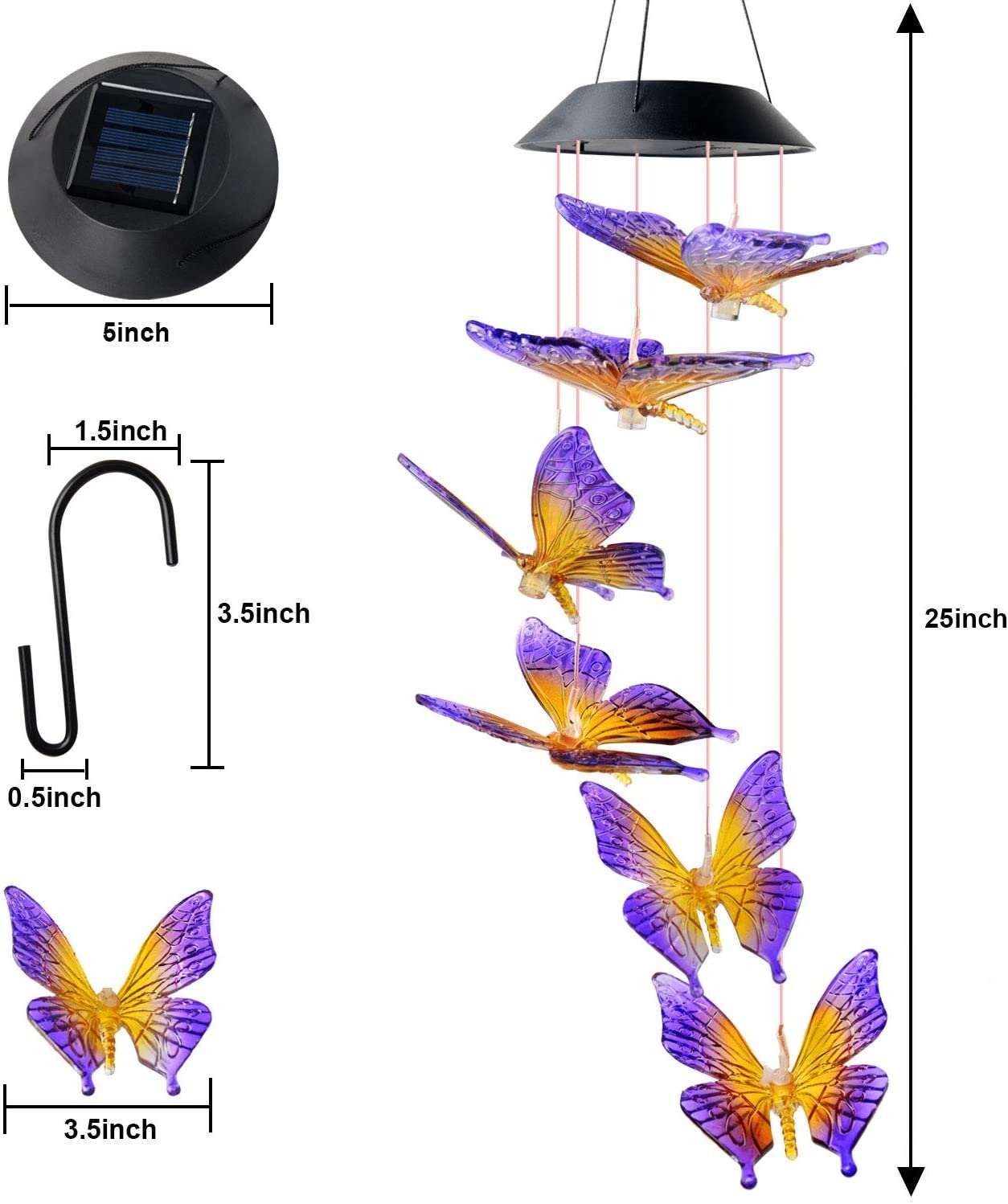 Colorful Butterfly Solar Wind Chimes Outdoor Color Changing Mobile Solar Hanging Light