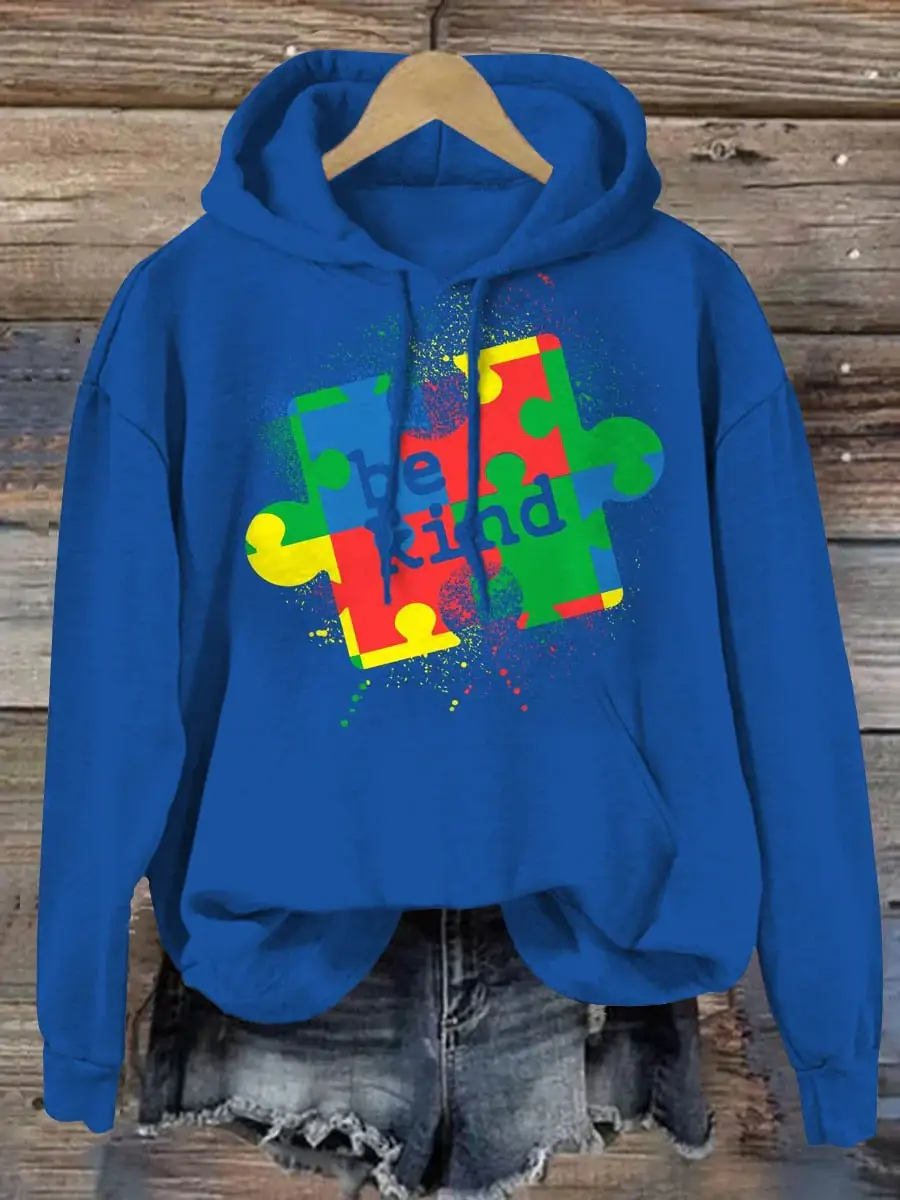 Be Kind Puzzle Piece Splatter Autism Awareness Print Casual Hoodie