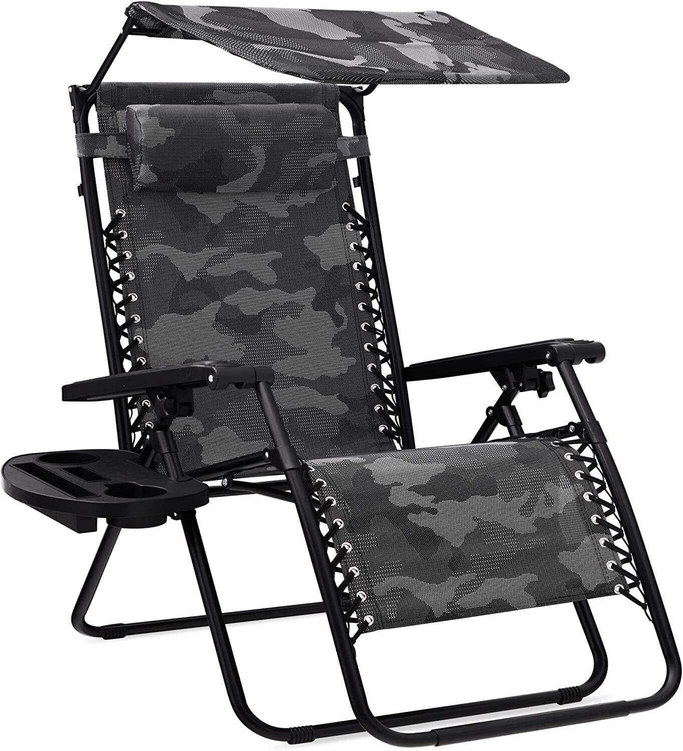 Folding Zero Gravity Outdoor Recliner Patio Lounge Chair w/Adjustable Canopy Shade, Headrest, Side Accessory Tray, Textilene Mesh - Beige