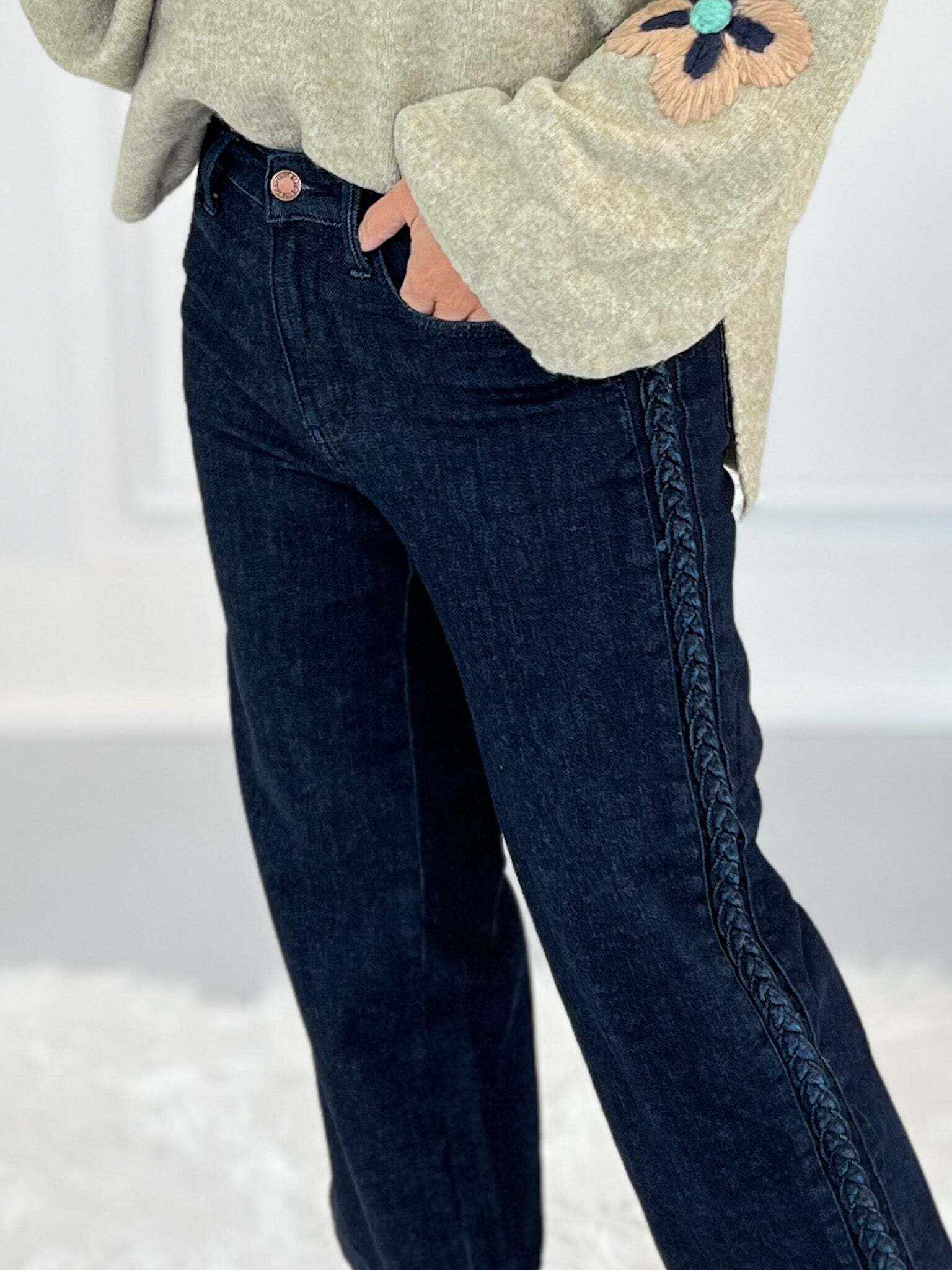 Short And Sweet - Christmas Braided Side Seam Cropped Wide Jeans- Final Sale