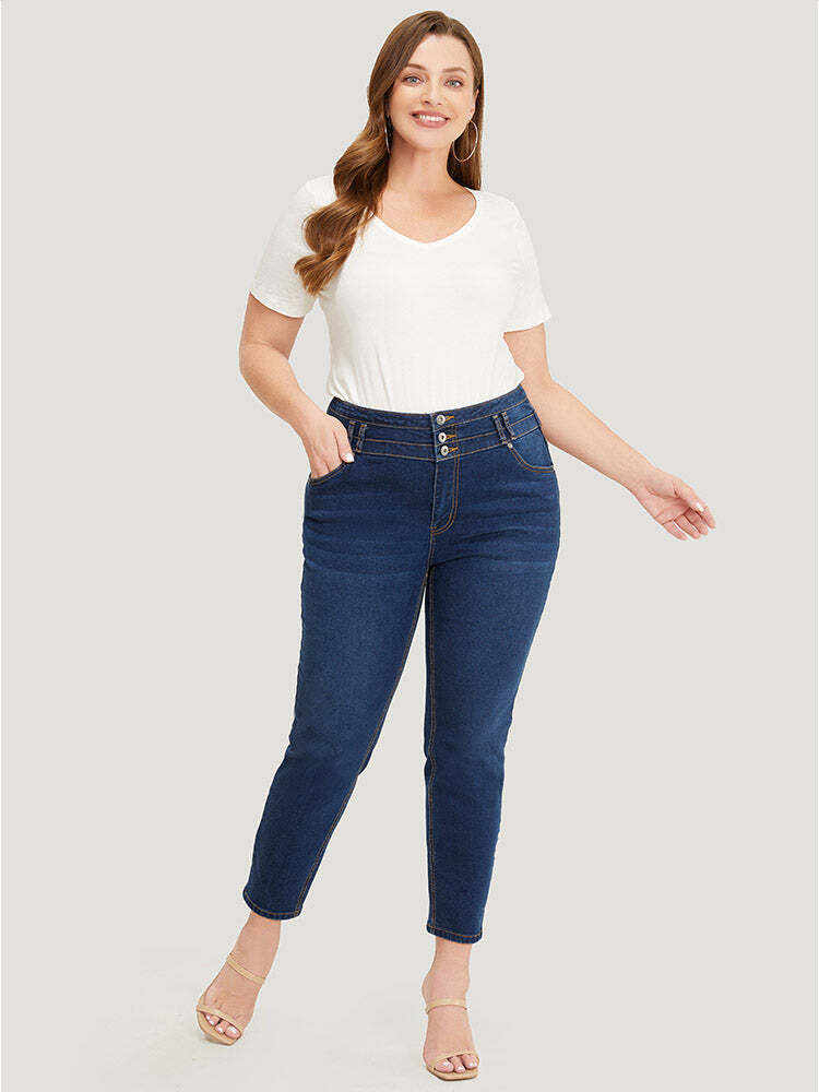 Very Stretchy High Rise Dark Wash Layered Contrast Stitch Jeans