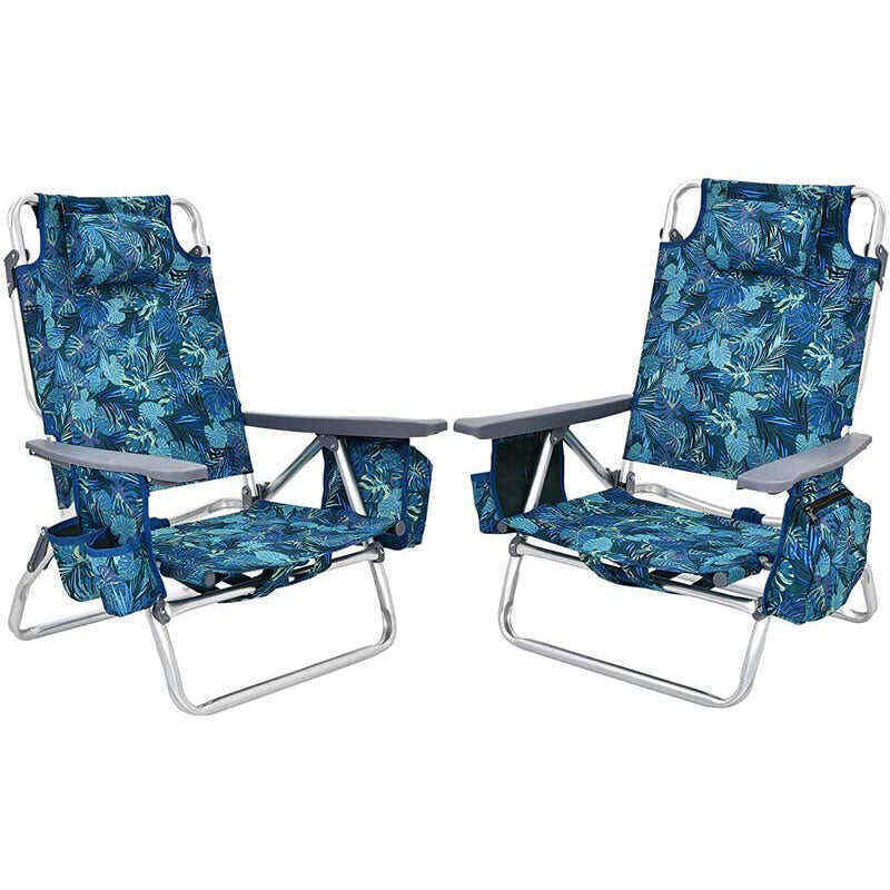 2 Pcs Folding Backpack Beach Chairs 5-Position Adjustable Outdoor Camping Chairs with Cooler Bag & Cup Holder