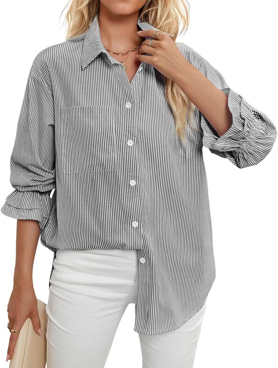 Women's Striped Button Down Shirts Smocked Cuffed Boyfriend Shirt Long Sleeve Blouse Top with 3 Pockets