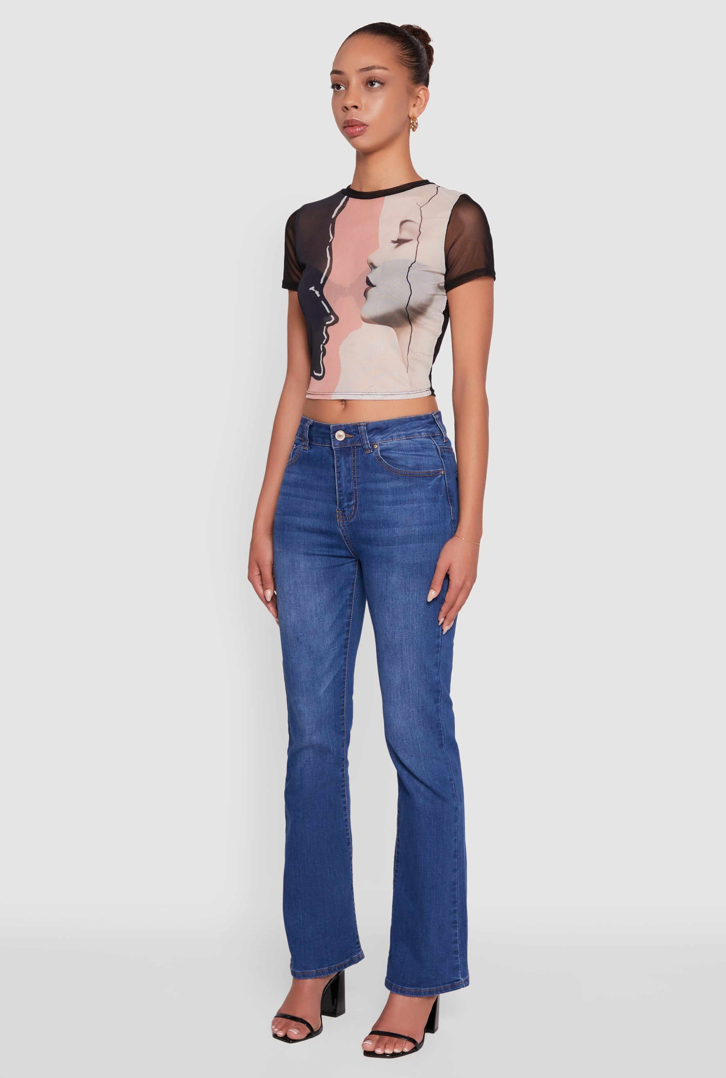Mesh Faces Graphic Print Crop Tee