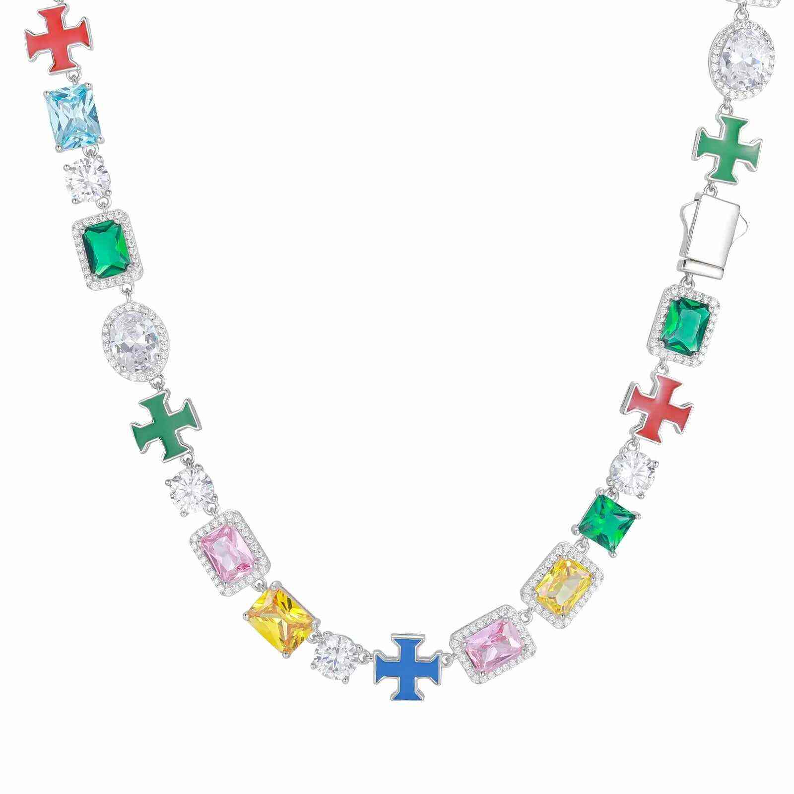 TestTest 10mm S925 Moissanite Enamel Cross Colorful Gemstone Tennis Chain