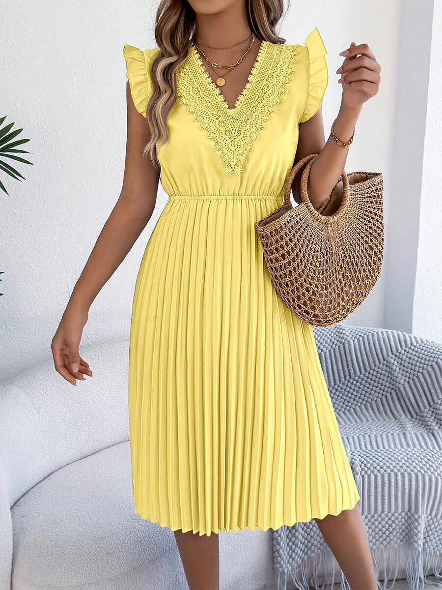 🔥Summer Arrivals🌟Women's Casual Lace V-neck Ruffled Pleated Dress