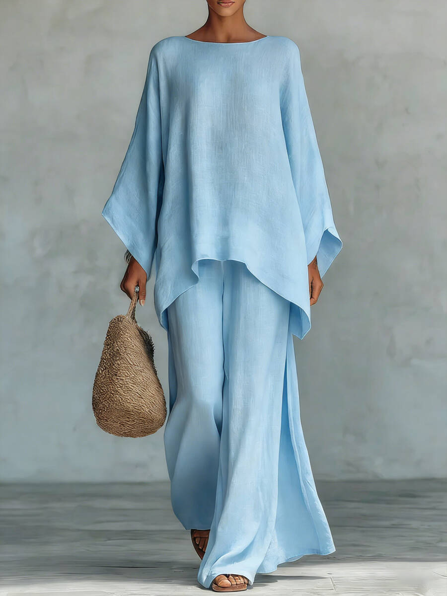 🔥Summer Arrivals🌟Women's Round Neck Long Sleeve Wide-leg Casual Irregular Hem Two-piece Pants Set