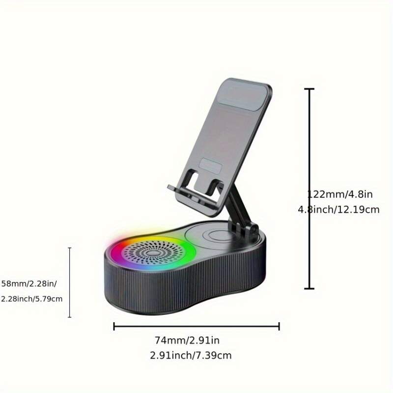 Upgraded Multi-Function Phone Holder with Wireless Speaker, RGB Mood Light & Wireless Charging - USB-C, Rechargeable Battery, Compatible with Phones/Tablets, Indoor/Outdoor Use, Valentine's Day & Holiday Gift, Multimedia Accessory, Speckled Design, Sturdy