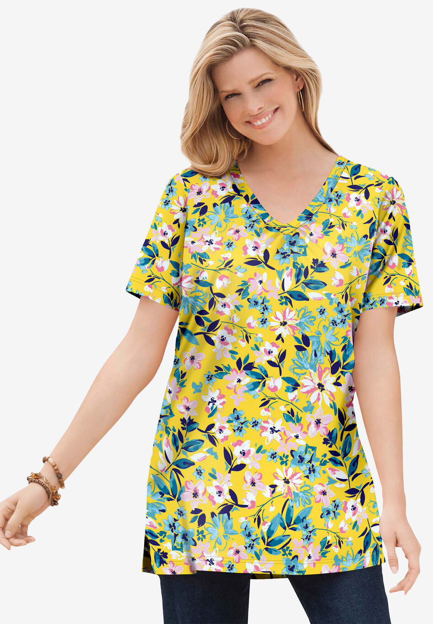 Perfect Printed Short-Sleeve Shirred V-Neck Tunic