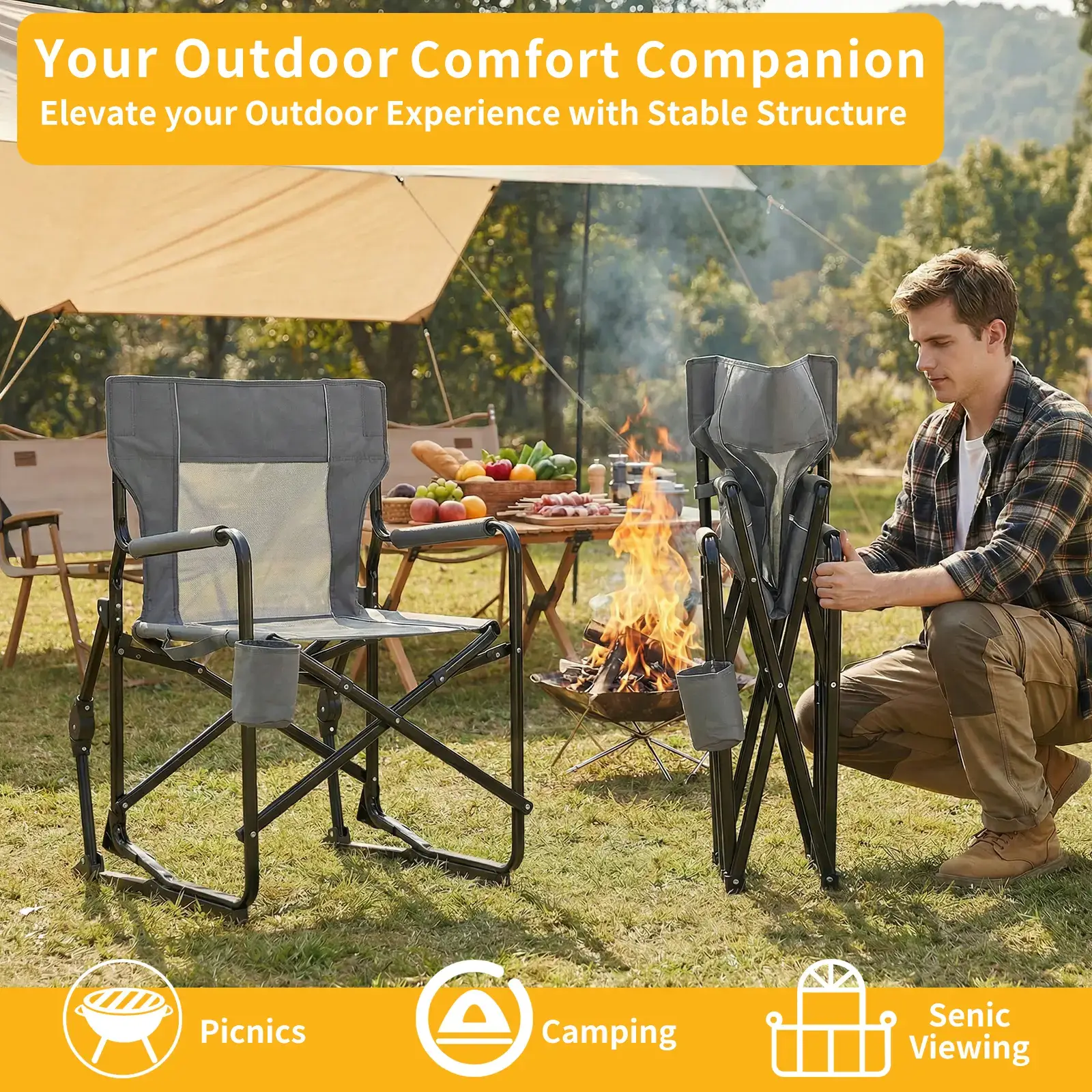Rocker ,Folding Camping Chair, Padded High Back, Adjustable Lumbar Support, Extra Wide for Adults, 5000 LBS Steel Frame, Portable Outdoor