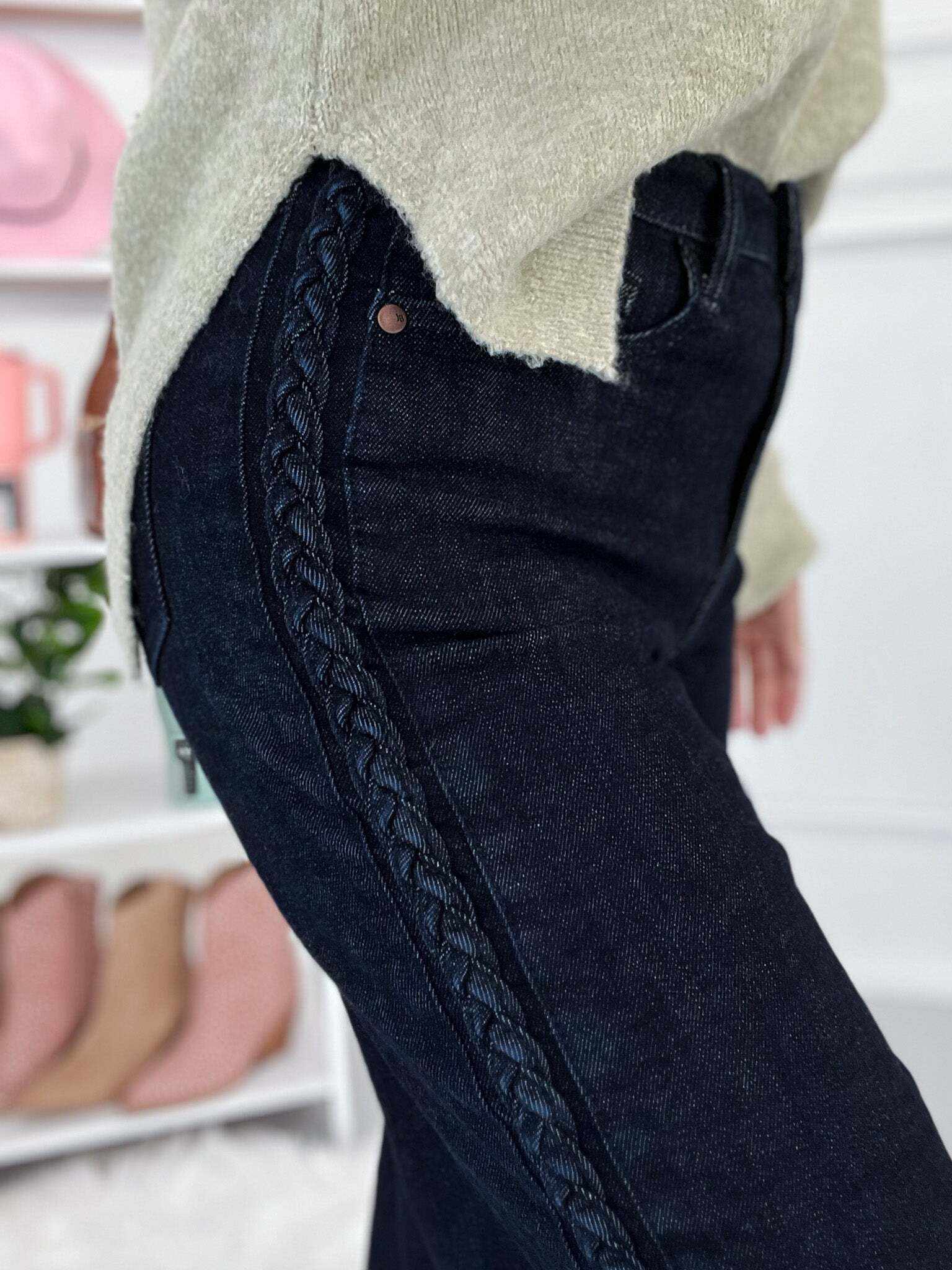 Short And Sweet - Christmas Braided Side Seam Cropped Wide Jeans- Final Sale