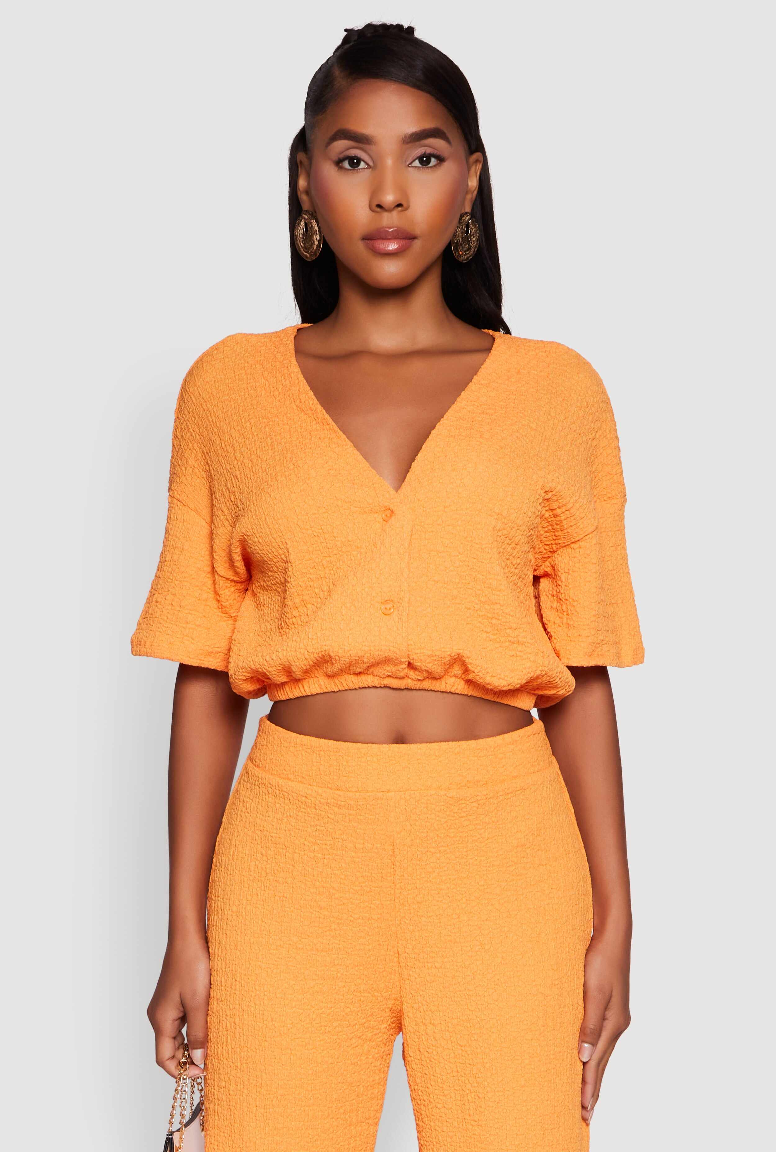Trendy Textured Knit Button Front V-Neck Blouse