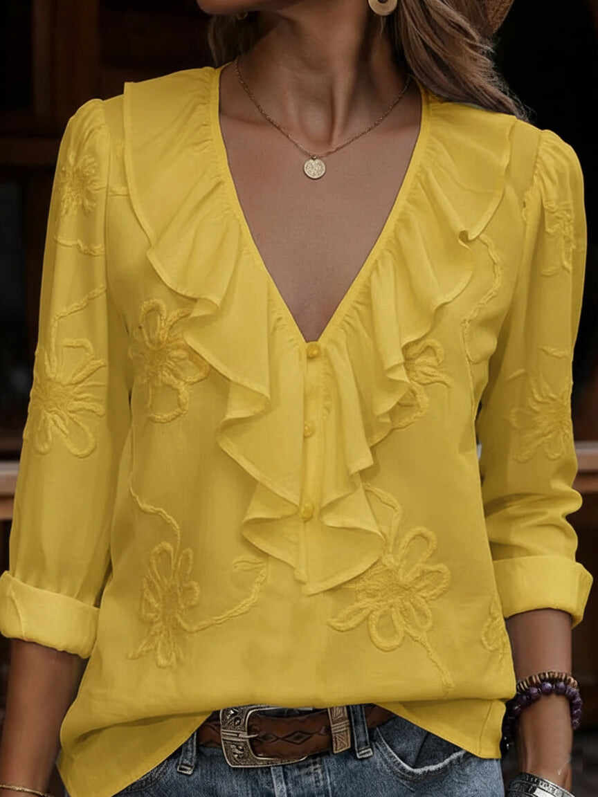 🔥Summer Arrivals🌟Vintage ruffled V-neck shirt with embroidered flowers