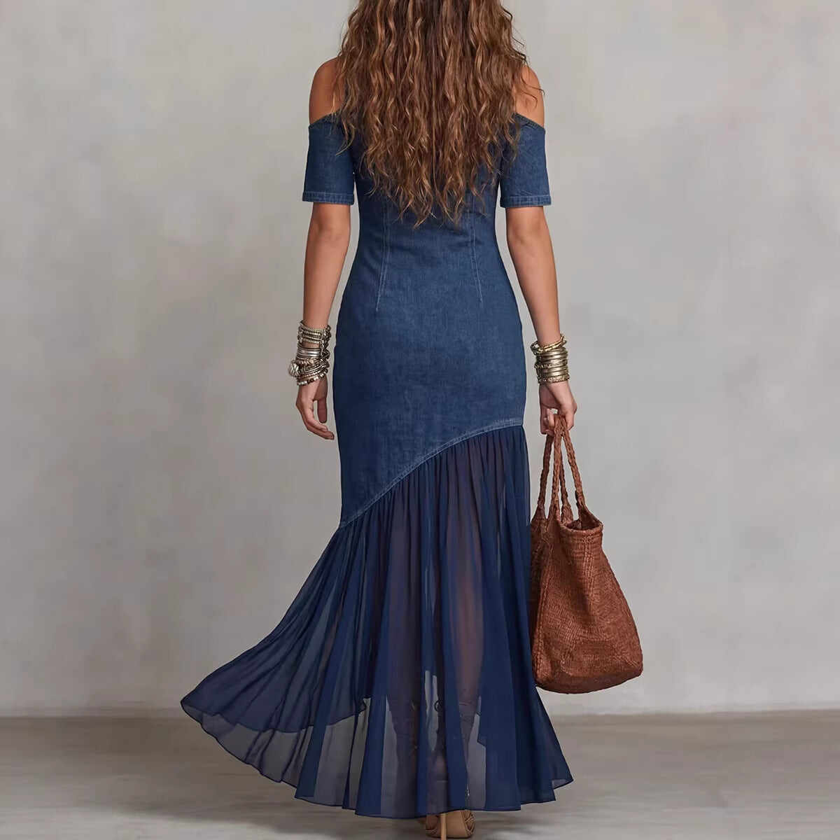 Off-Shoulder Mesh Hem Midi Dress – Slim Fit Short Sleeve Dress