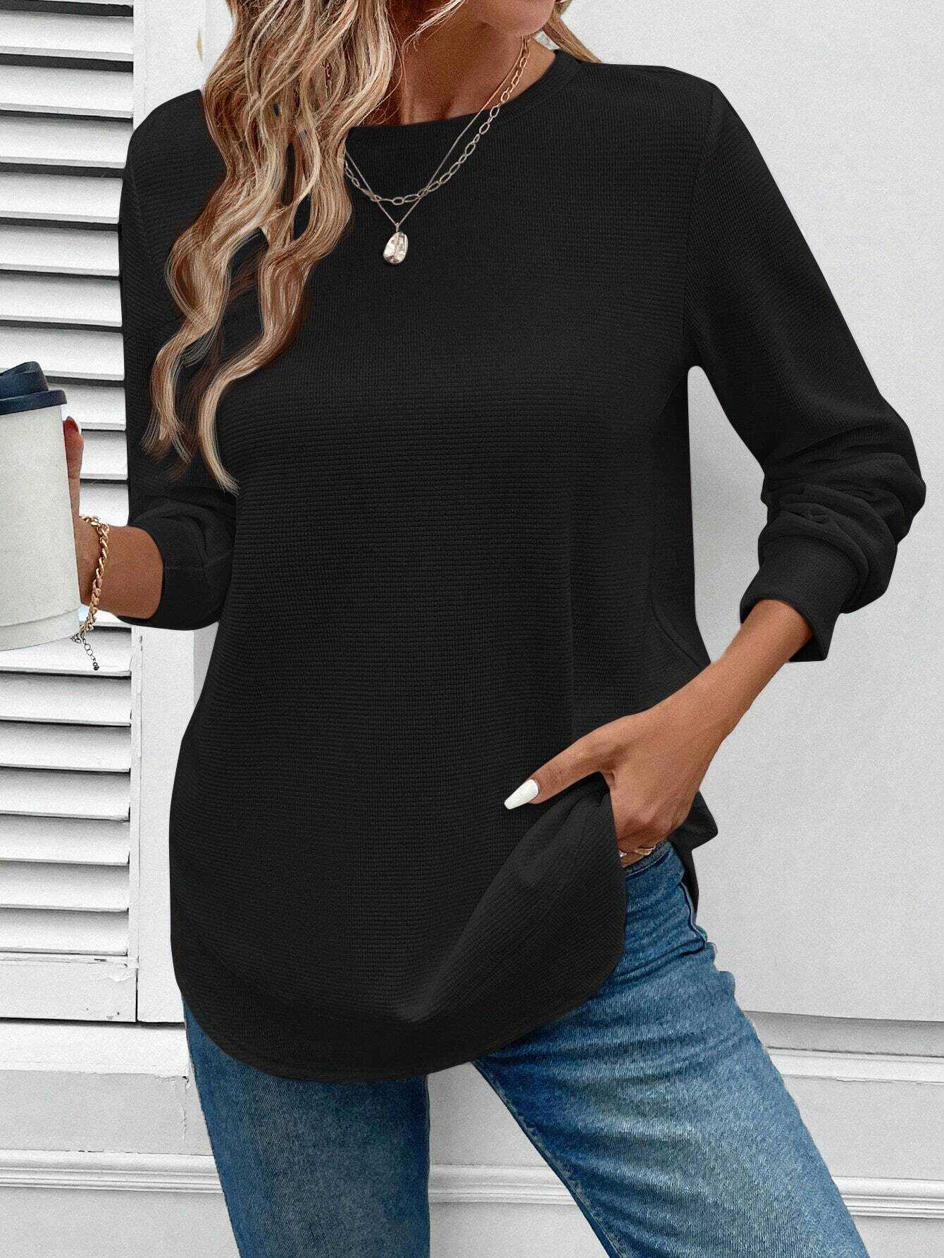 Round Neck Long Sleeve Solid Color Top