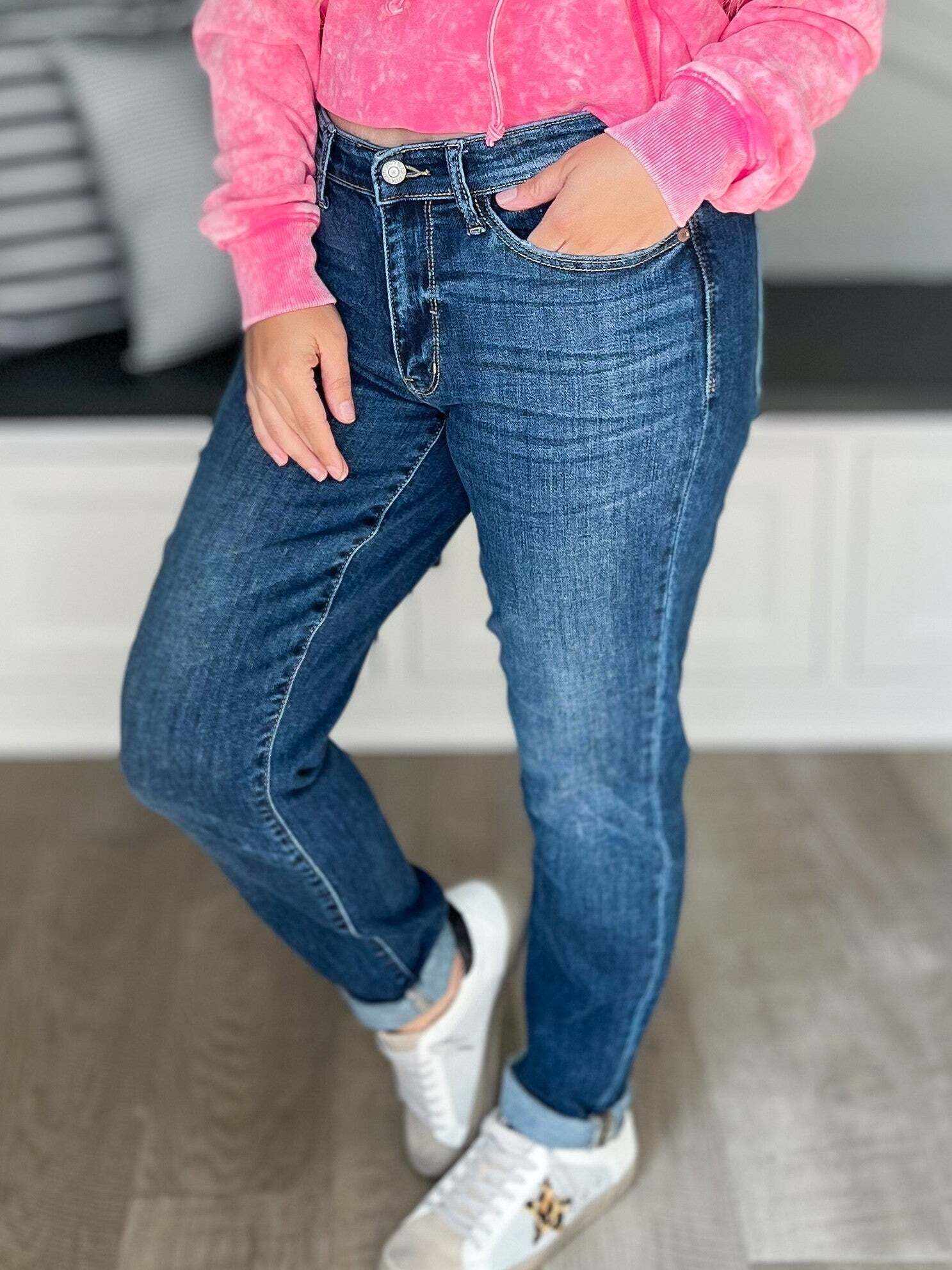 Remain Calm - Christmas Cuffed Boyfriend Jeans- Final Sale