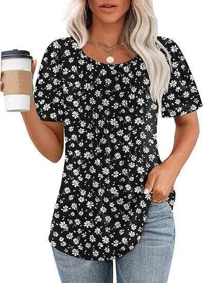 🔥Last Day Promotion🔥Womens T Shirts Short Sleeve Pleated Dressy Casual Scooped Neck Summer Tops Blouses