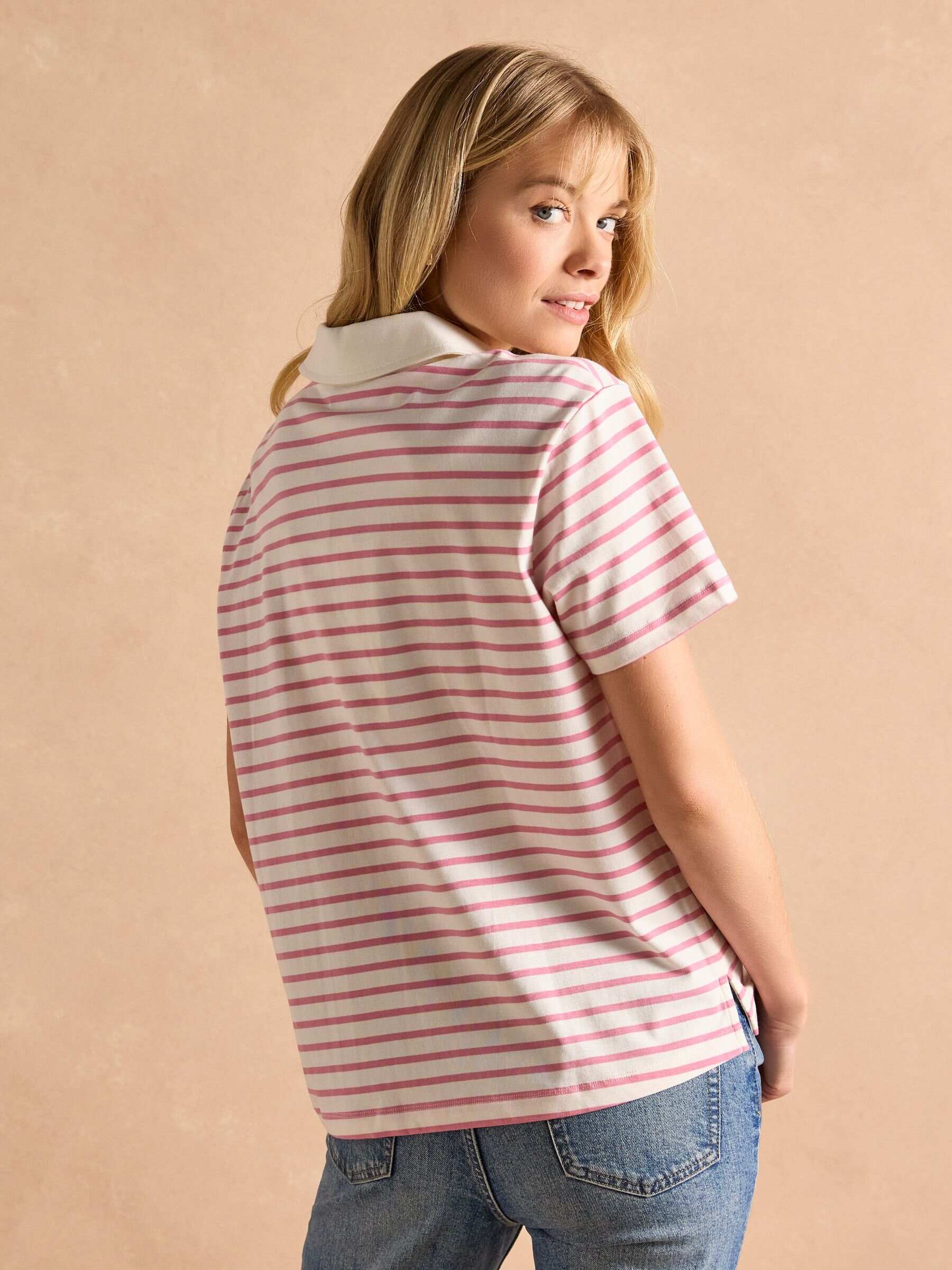 Tallie Pink/White Short Sleeve Combed 100% Cotton Collared Top