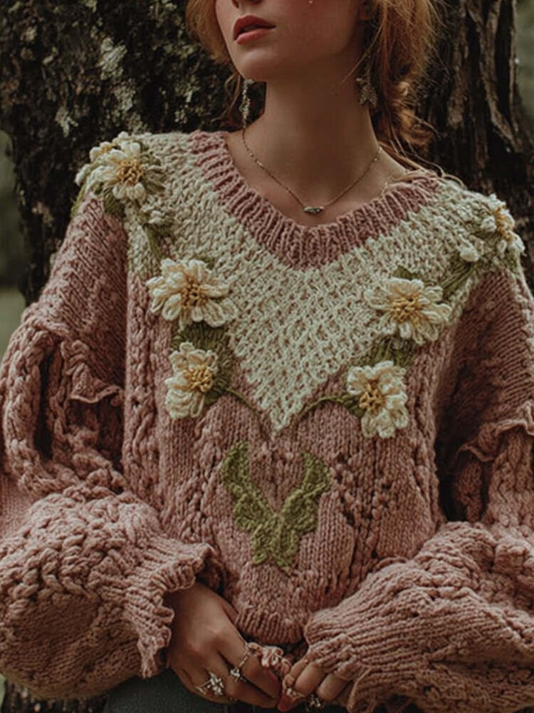 Women's Vintage Floral Round-neck Sweater