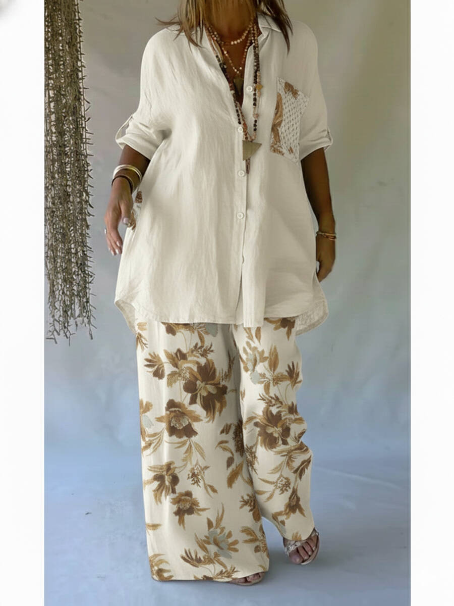 🔥Summer Arrivals🌟Casual Floral Print Linen And Cotton Shirt And Trousers Two-piece Set