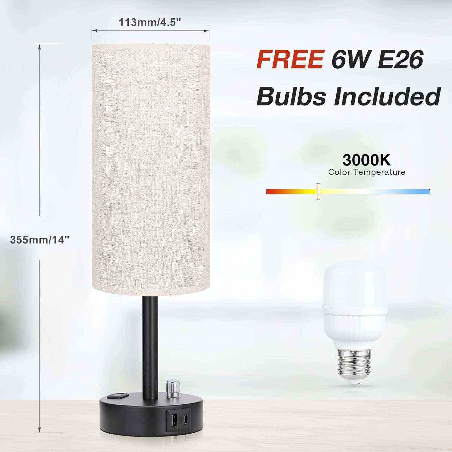 Bedside Table Lamp for Bedroom - 3 Way Dimmable Touch Lamp USB C Charging Ports and AC Outlet, Small Lamp Wood Base Round Flaxen Fabric Shade for Living Room, Desk, LED Bulb Included