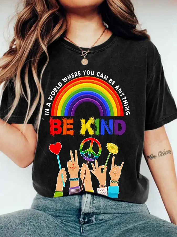 Retro Hippie In A World Where You Can Be Anything Be Kind Print T-Shirt