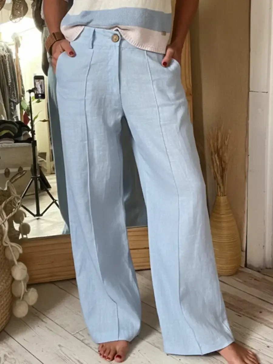 🔥Summer Arrivals🌟Classic Wooden Button Solid Color Linen Trousers