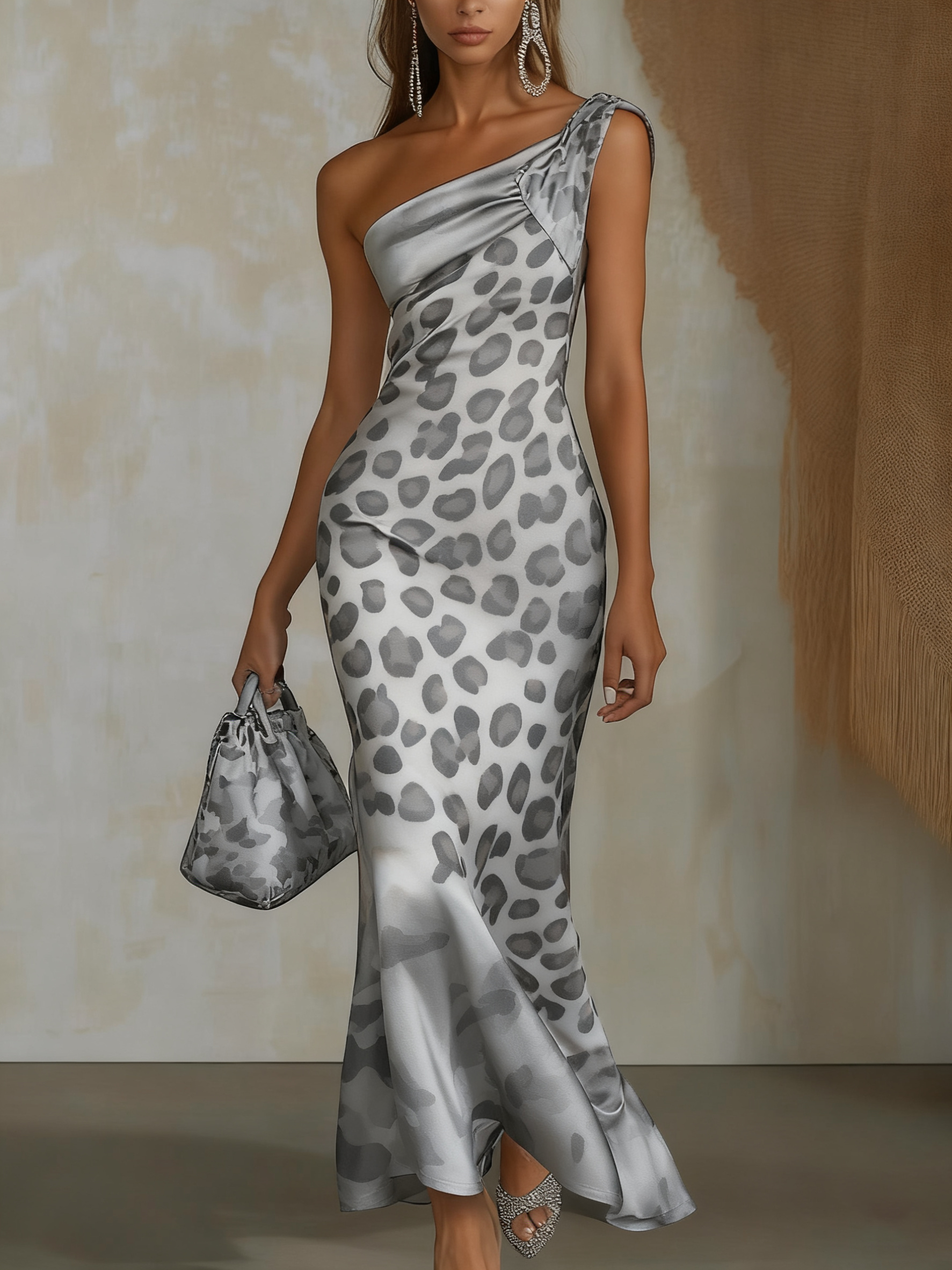 One shoulder print satin maxi dress