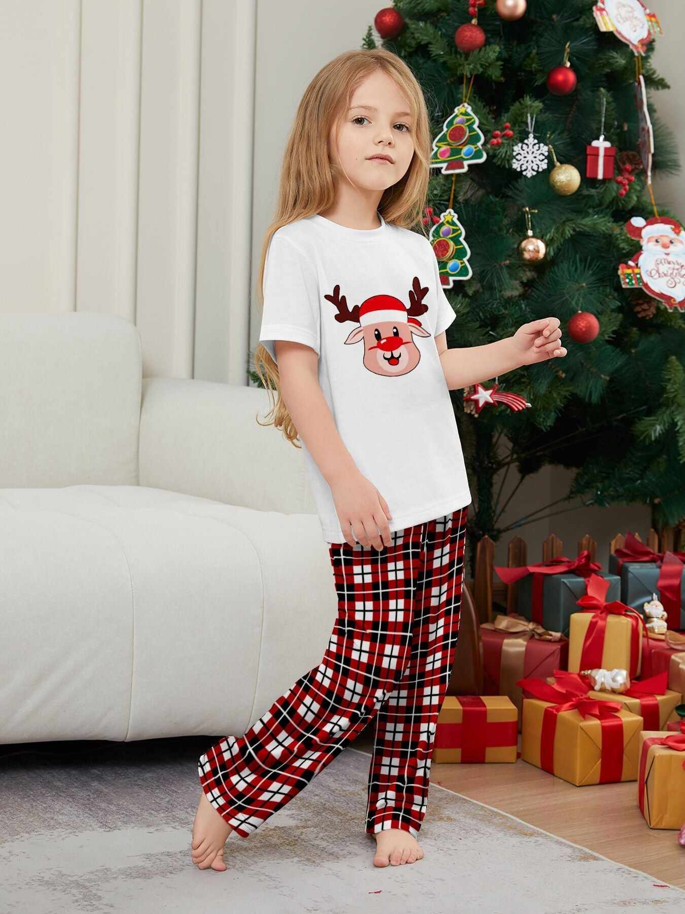 Deer Plaid Printed Family Matching Christmas Pajamas Sets
