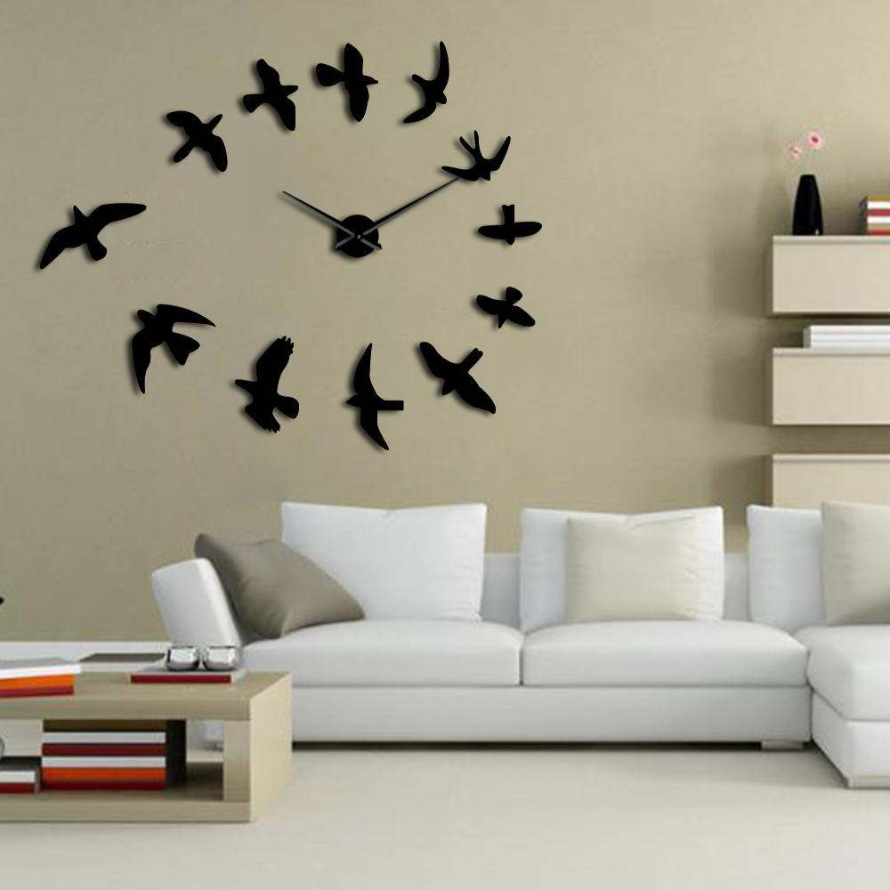 Decorative Mirror Wall Clock Flying Birds Wall Clock Modern Design Luxury Frameless DIY Large Clock