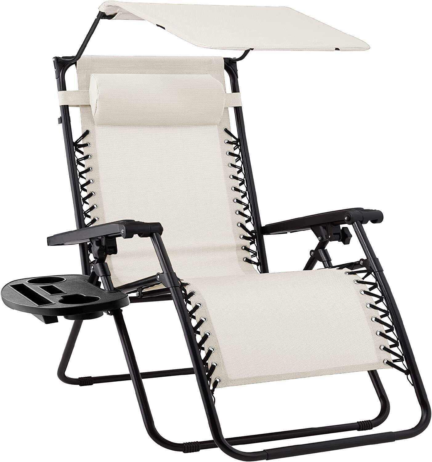 Folding Zero Gravity Recliner Patio Lounge Chair w/Adjustable Canopy Shade, Headrest, Side Accessory Tray, Textilene Mesh - Beige